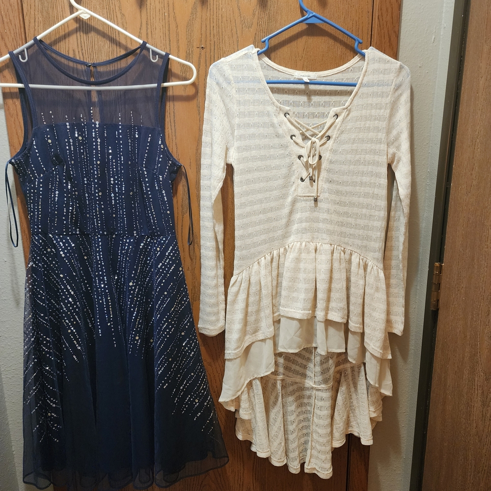 Navy Blue Sequin Dress and Cream Lace-Up Dress